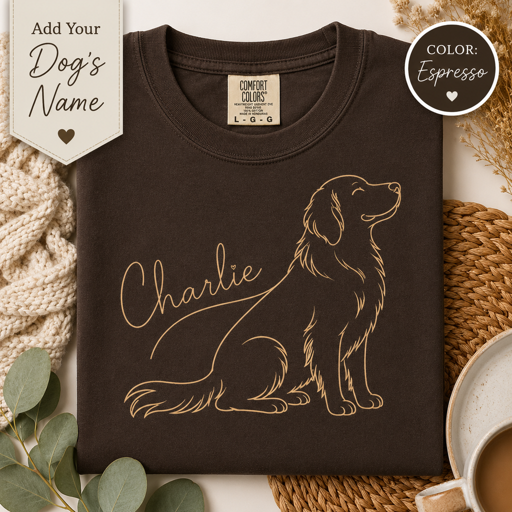 Personalized dog name line art shirt in Espresso Comfort Colors tee"