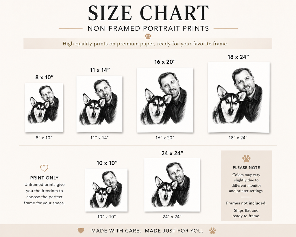 Size chart for non-framed portrait prints