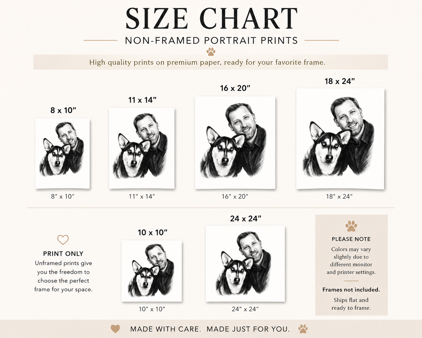 Size chart for non-framed portrait prints