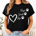 Woman wearing black personalized pet name shirt with white heart and three paw prints