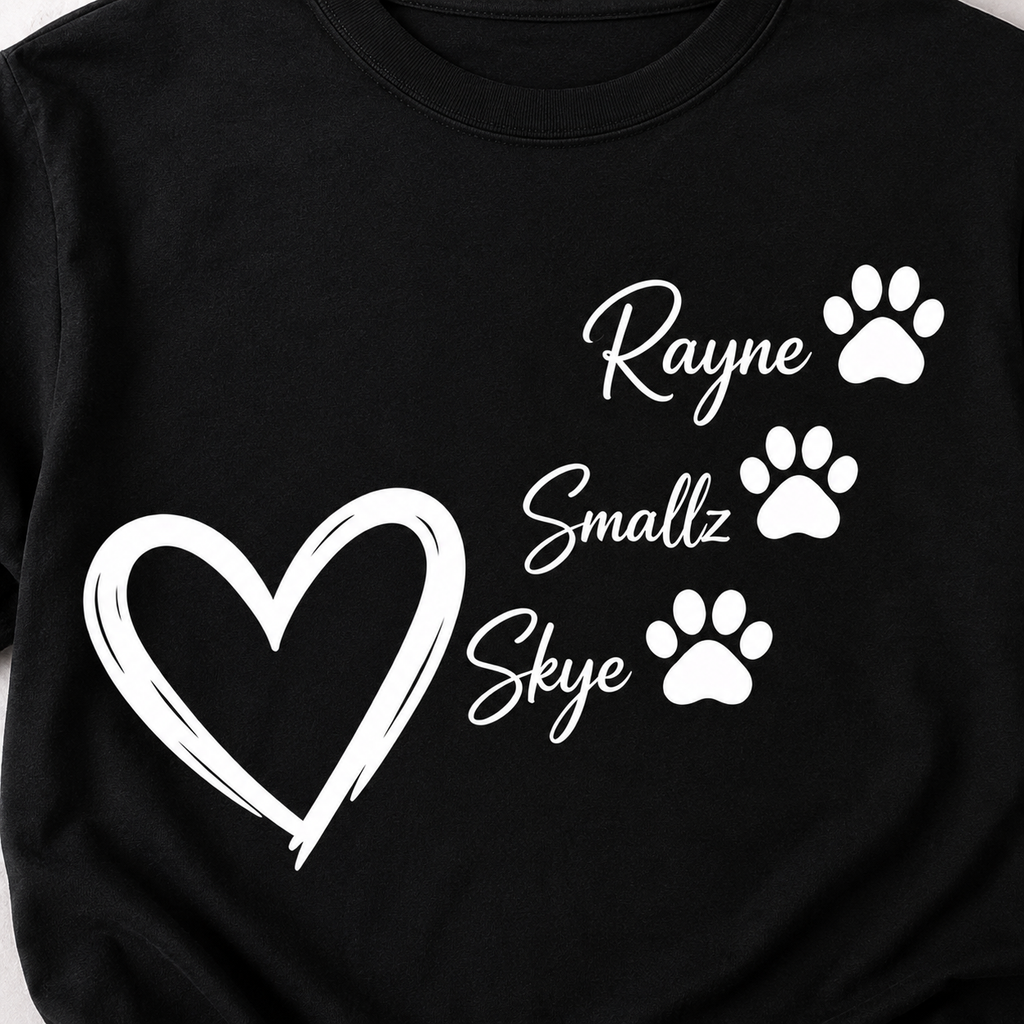 Close-up of custom black pet names T-shirt personalized with Rayne, Smallz and Skye