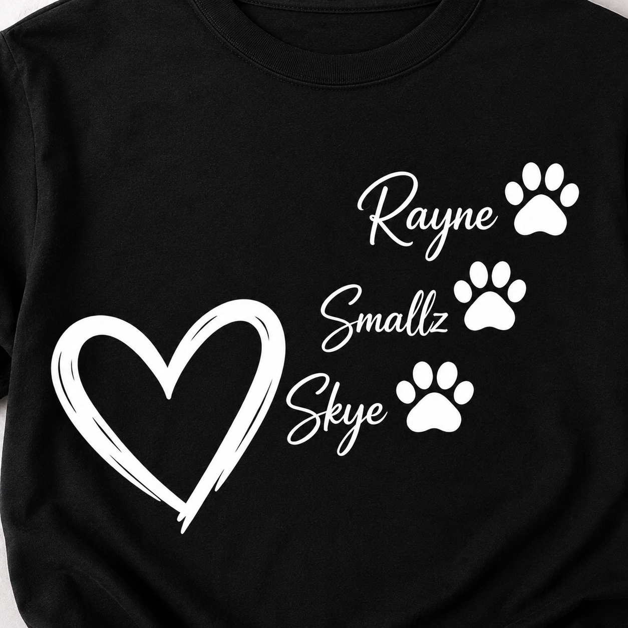 Close-up of custom black pet names T-shirt personalized with Rayne, Smallz and Skye