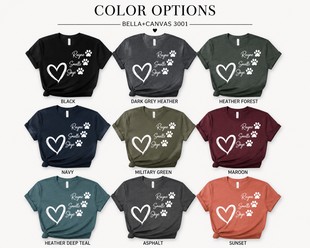 Color options for personalized dog and cat name shirts