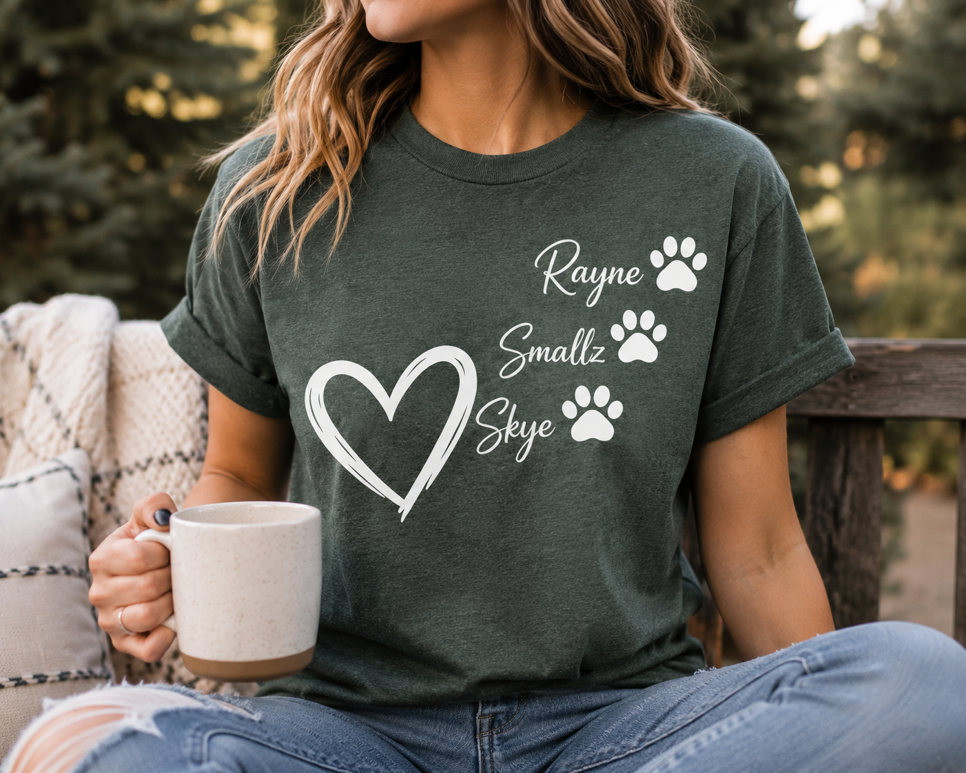 Woman outdoors wearing heather forest custom pet names shirt