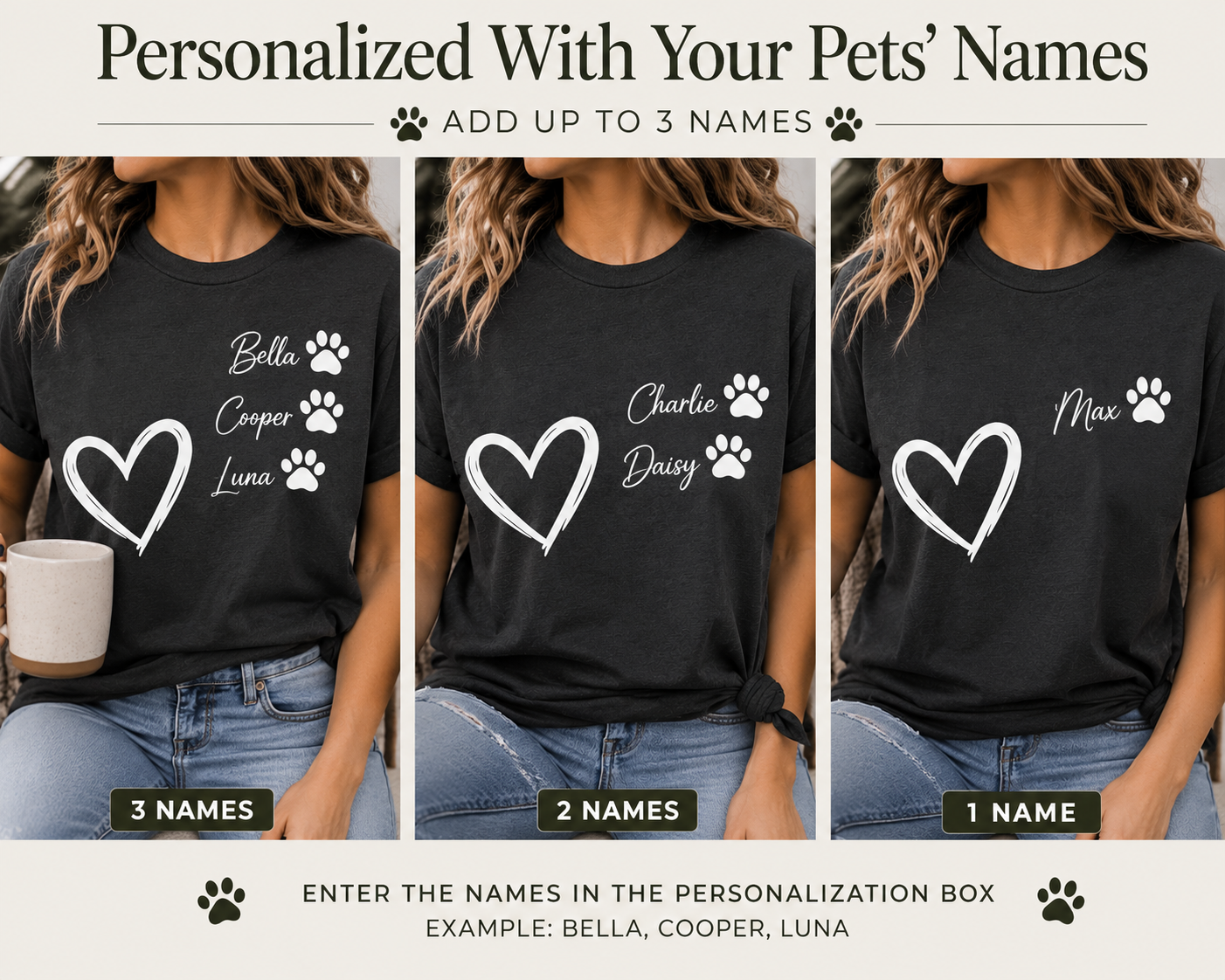 How to order a custom pet name shirt with three names