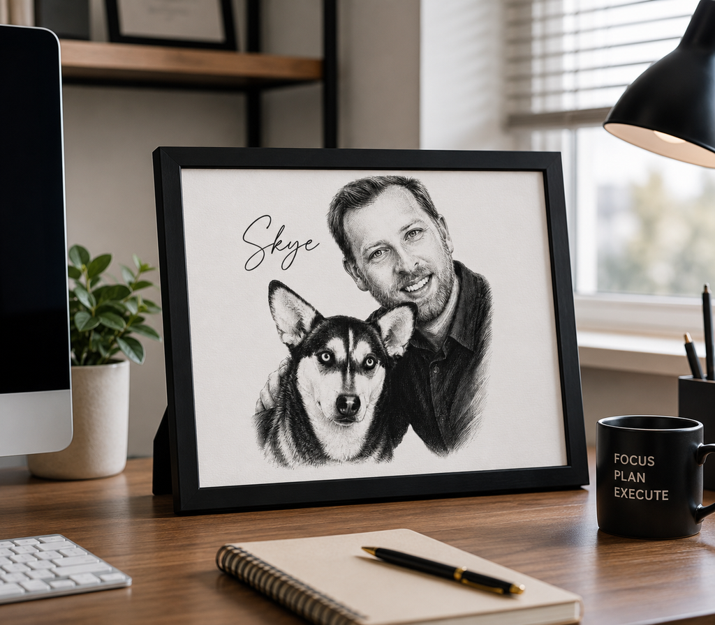 Custom pet portrait framed and leaning on a shelf