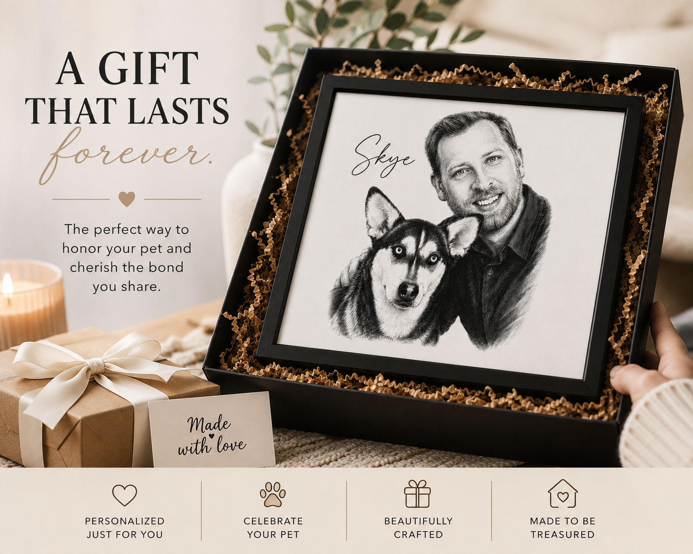 Custom pet portrait canvas styled in a living room