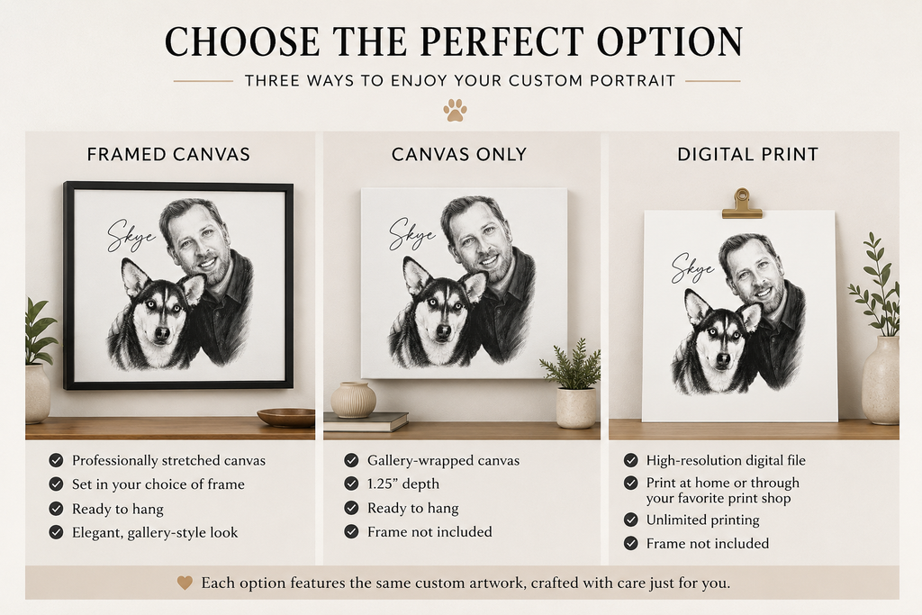 Framed custom pet portrait in a modern home setting