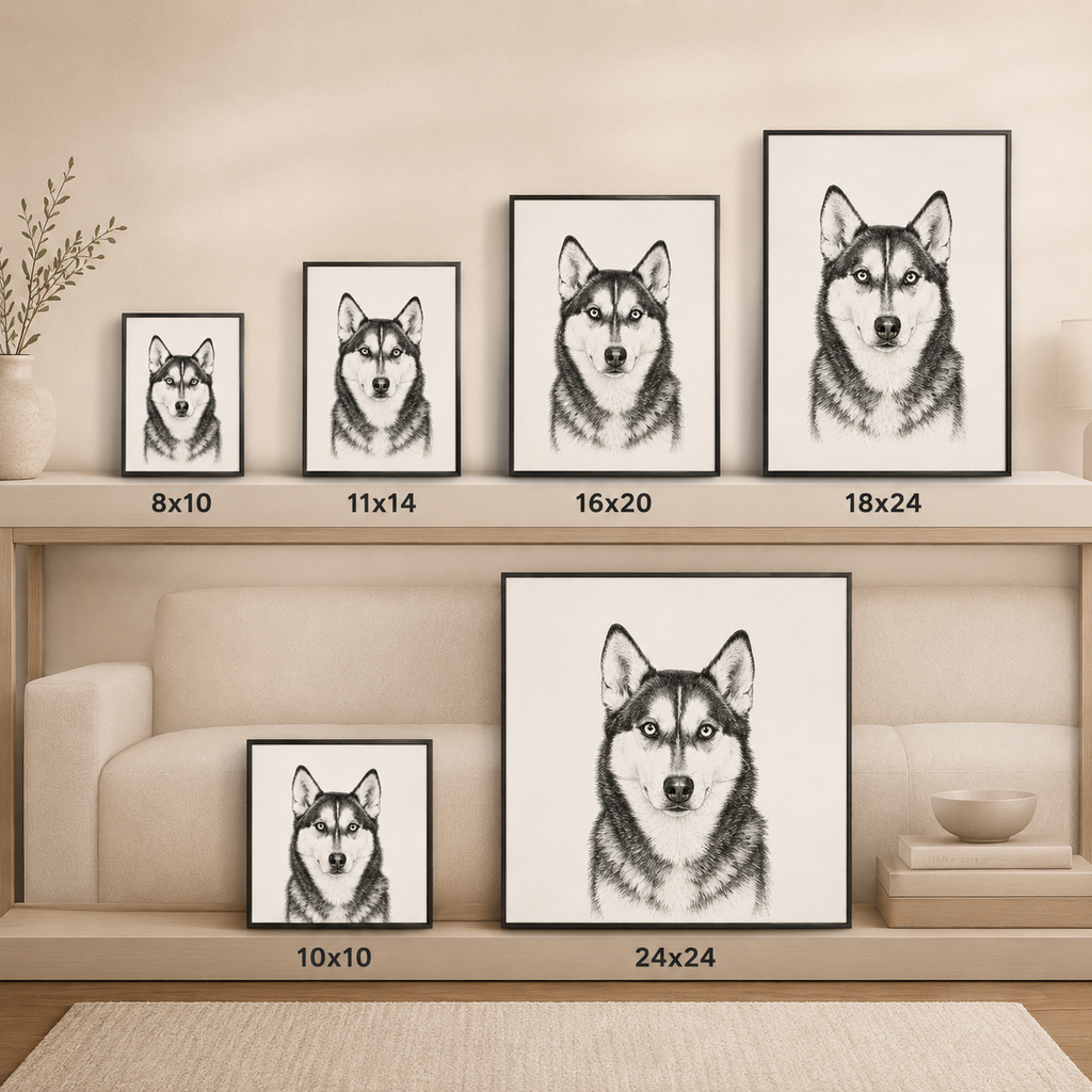 Custom pet and owner portrait art in an espresso wood frame