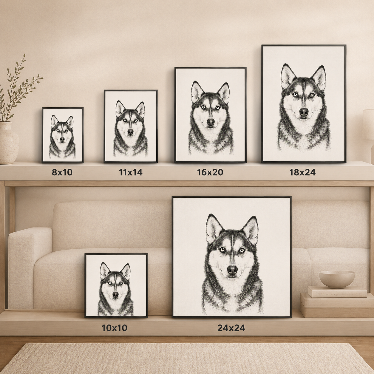 Custom pet and owner portrait art in an espresso wood frame
