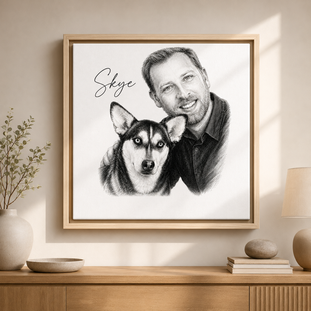 Custom black-and-white pet portrait displayed as wall art