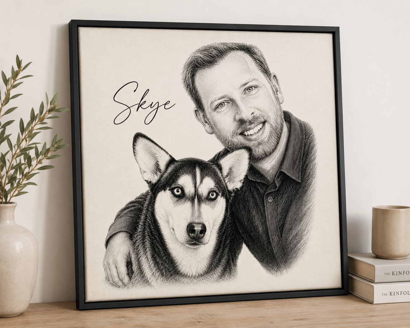 Framed custom pet and owner portrait styled on a wall