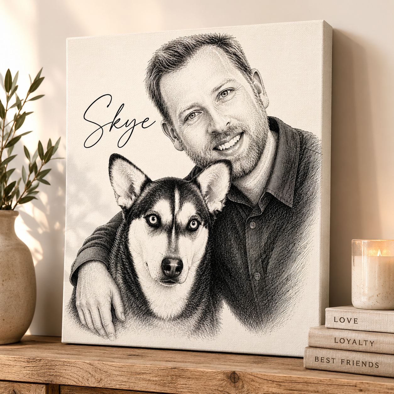 Custom pet portrait in a natural wood frame in a cozy room