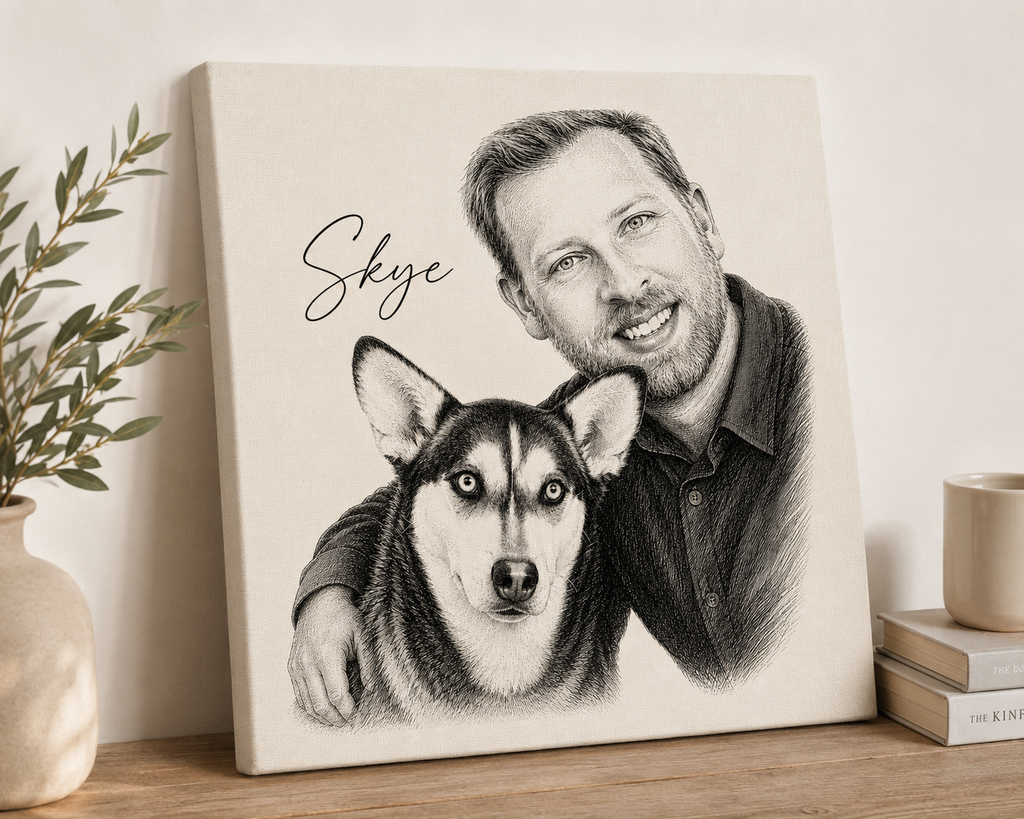 Framed custom pet and owner portrait on a console table