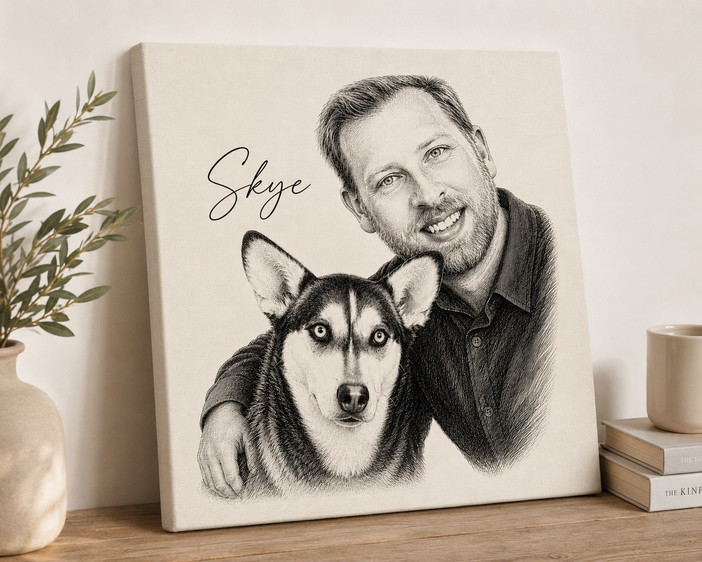 Framed custom pet and owner portrait on a console table