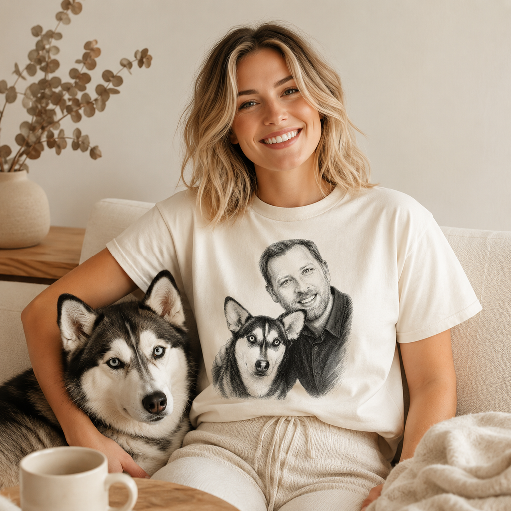 Custom line-art pet portrait on a soft Comfort Colors t-shirt