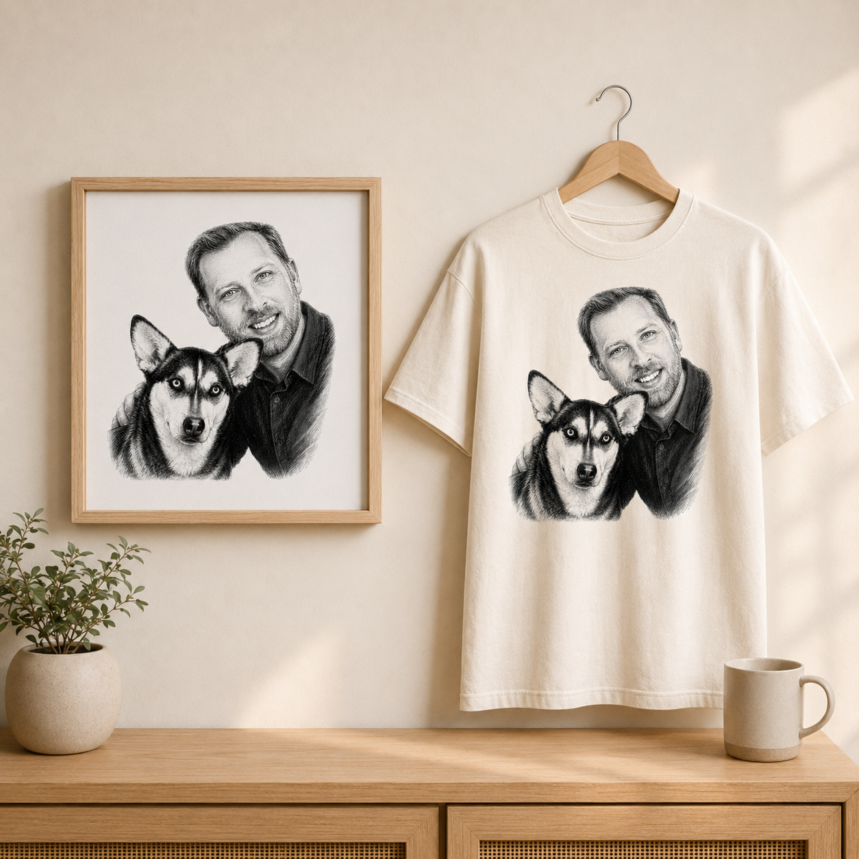 Custom pet portrait tee in a neutral garment-dyed color