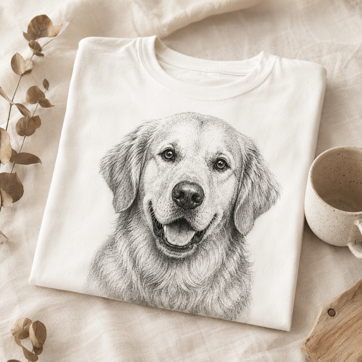 Close-up of a custom line-art pet portrait printed on a tee