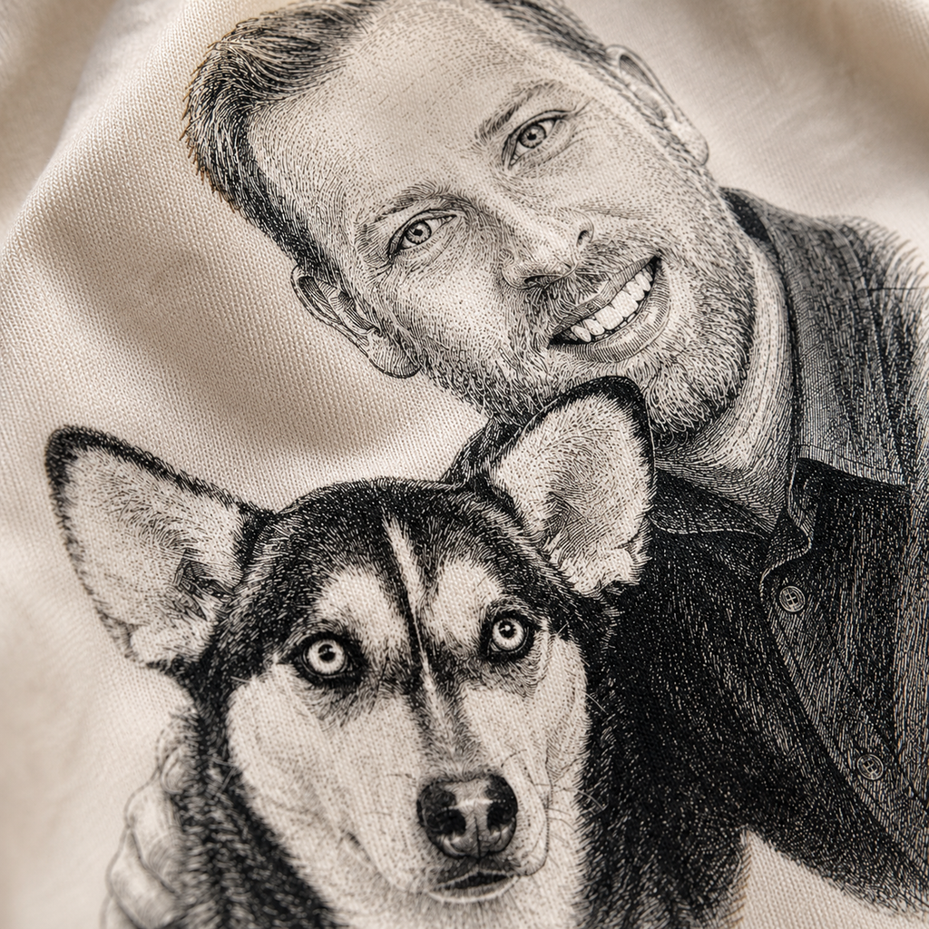 Custom pet portrait tee shown in a soft neutral shade