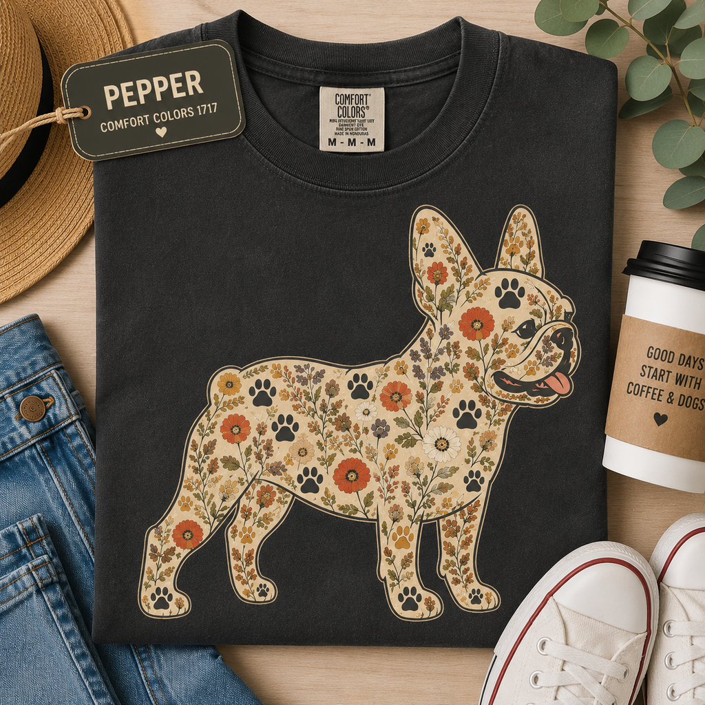Floral French Bulldog design on a soft Comfort Colors t-shirt