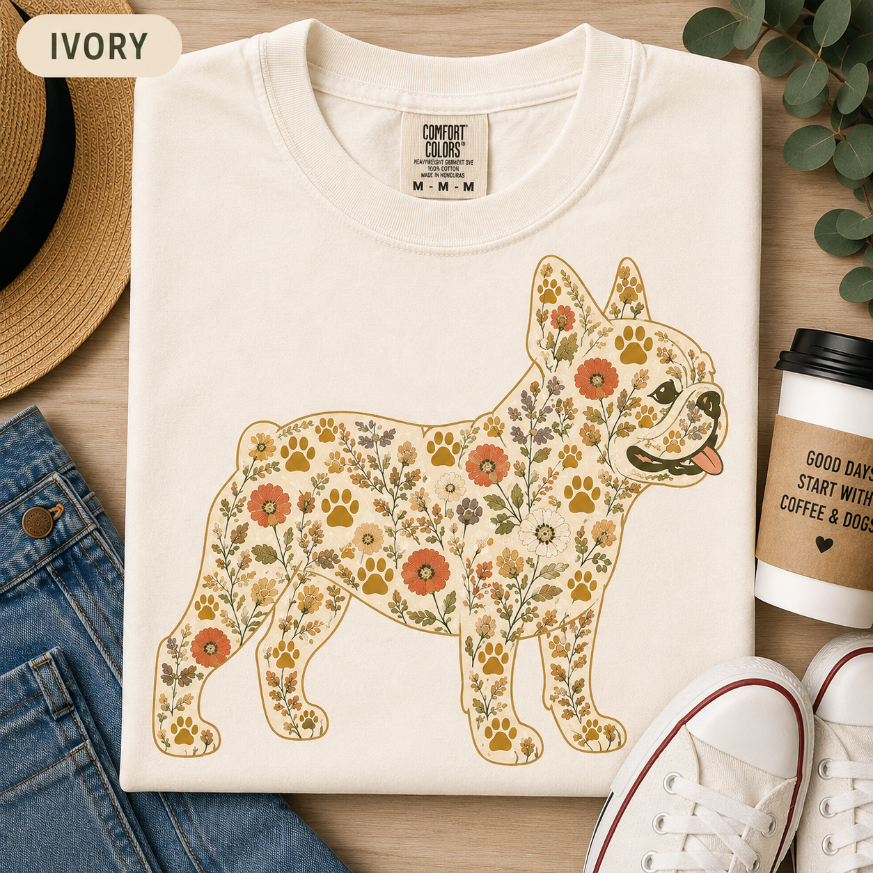 Vintage floral French Bulldog dog mom tee in a neutral shade