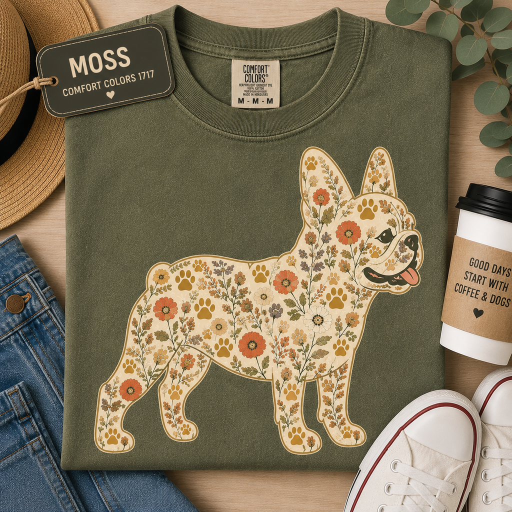 Close-up of the floral French Bulldog graphic on a garment-dyed tee