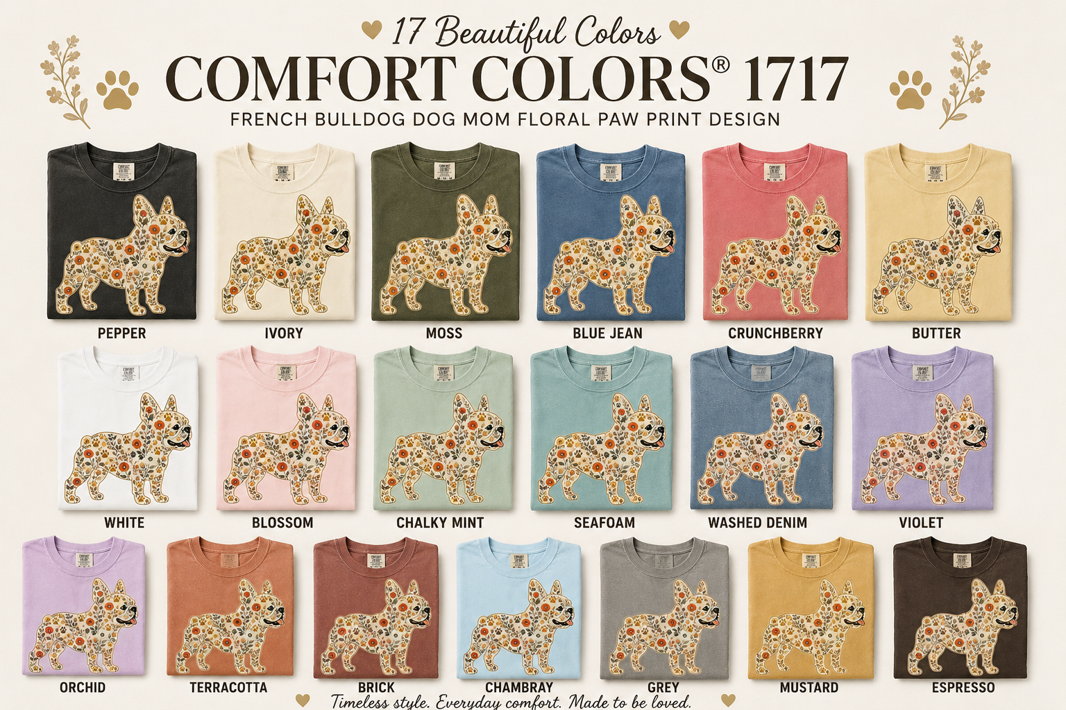 Floral Frenchie Comfort Colors shirt, relaxed unisex fit
