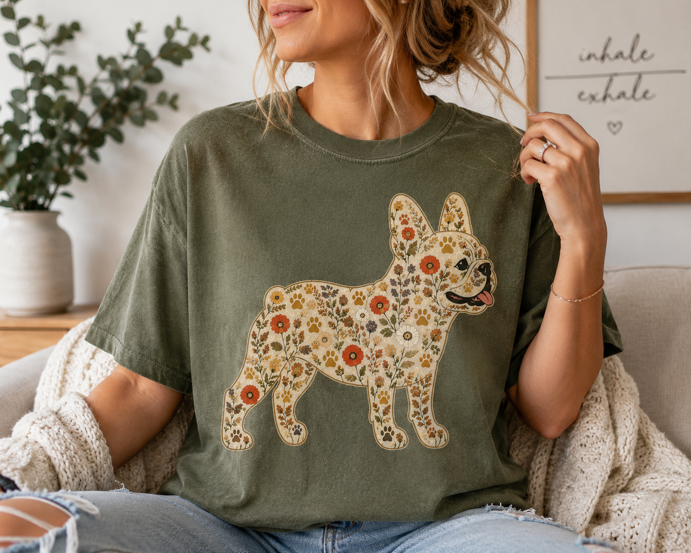Floral French Bulldog tee in a soft garment-dyed color