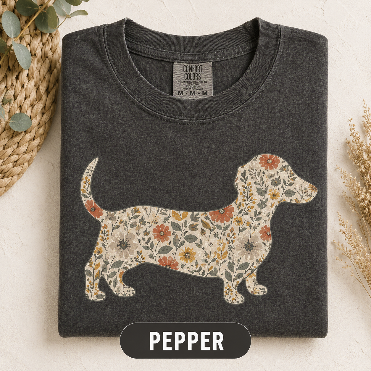 Floral Dachshund design on a soft Comfort Colors t-shirt