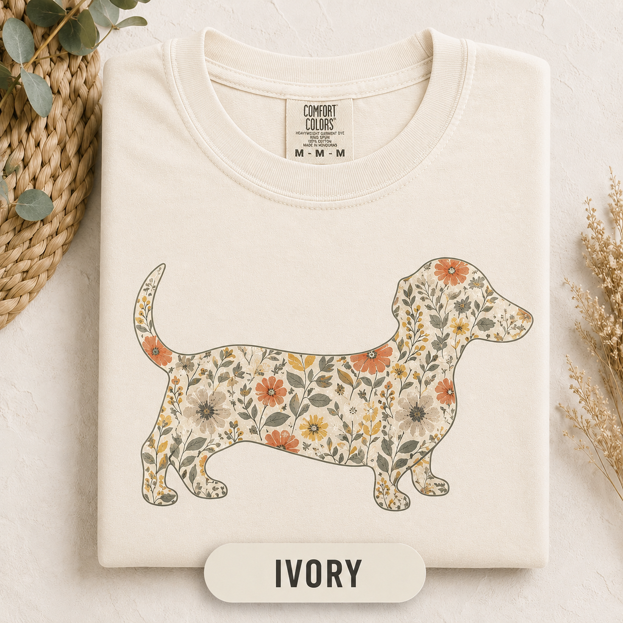 Vintage floral Dachshund dog mom tee in a neutral shade