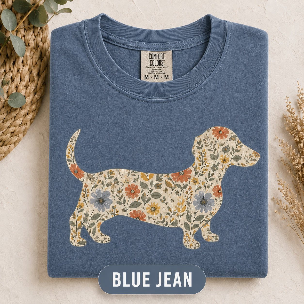 Floral wiener dog Comfort Colors shirt, relaxed unisex fit