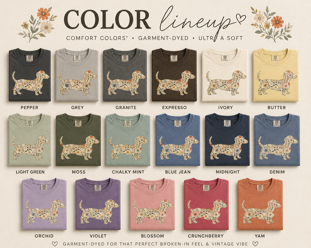 Floral Dachshund tee in a soft garment-dyed color