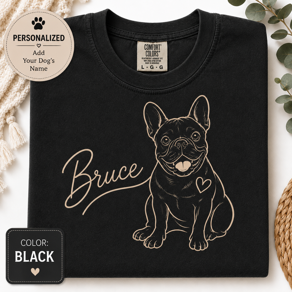 Personalized French Bulldog shirt with a custom dog name in minimalist line art