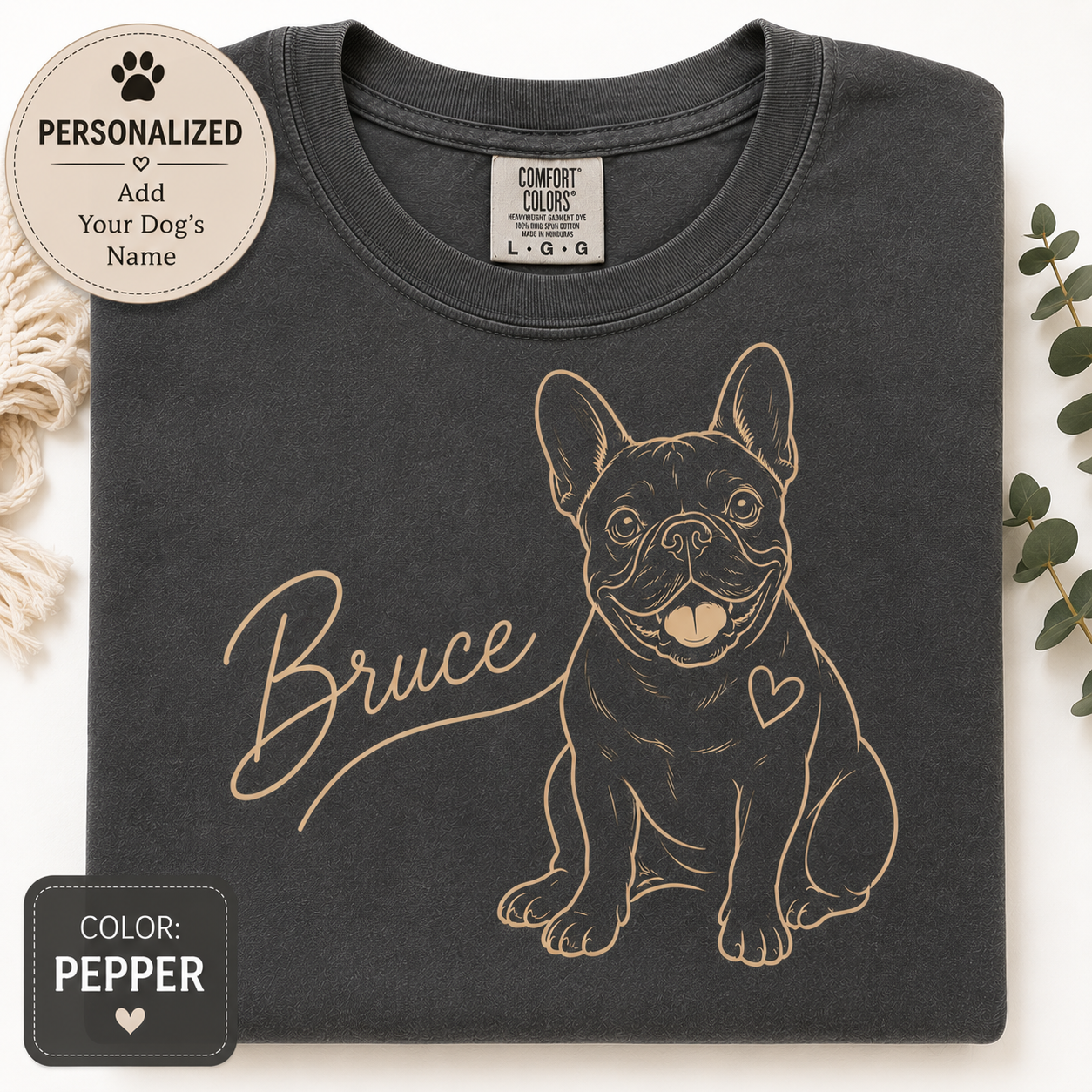 Custom French Bulldog name tee on a soft Comfort Colors shirt