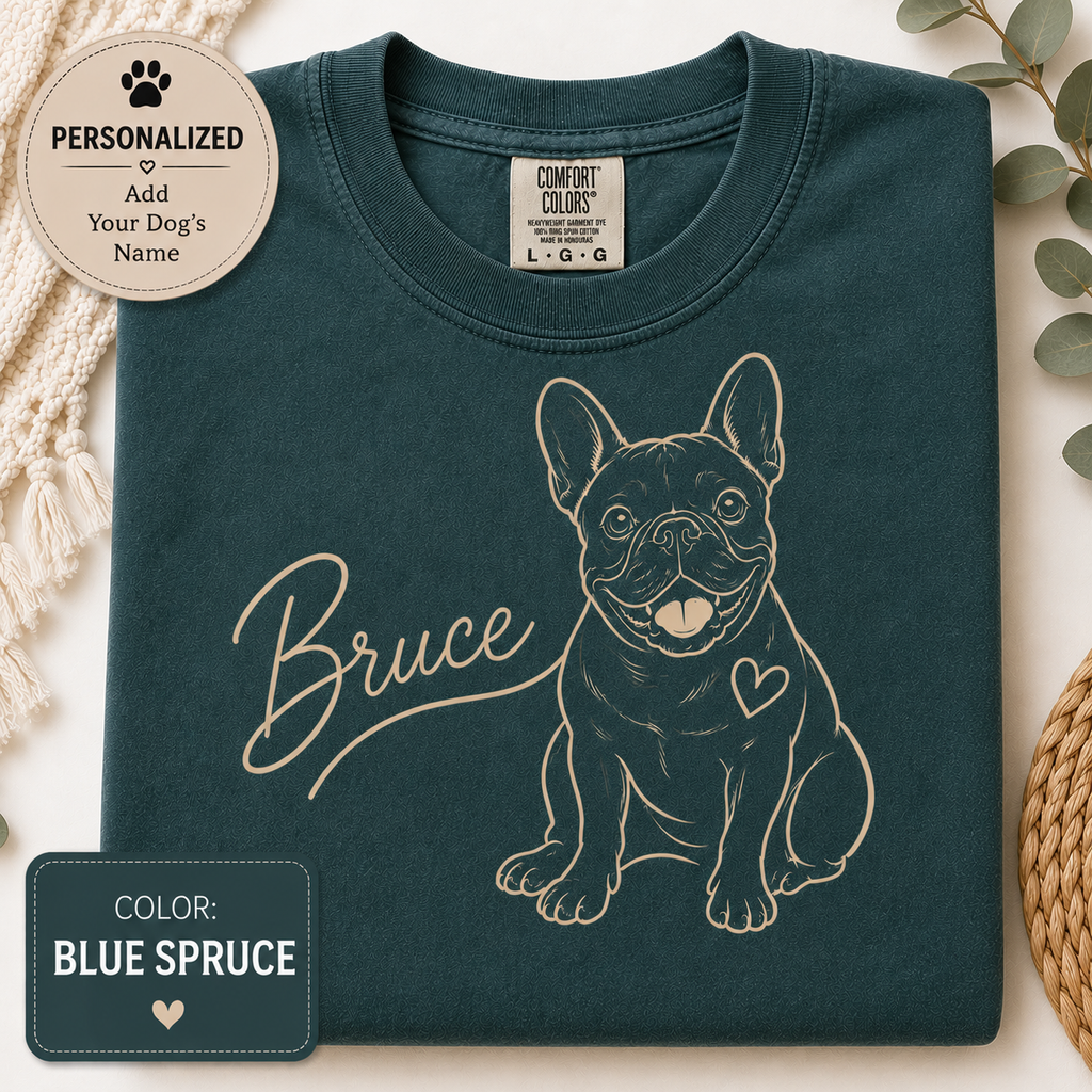 Minimalist line-art French Bulldog with the dog's name, close-up