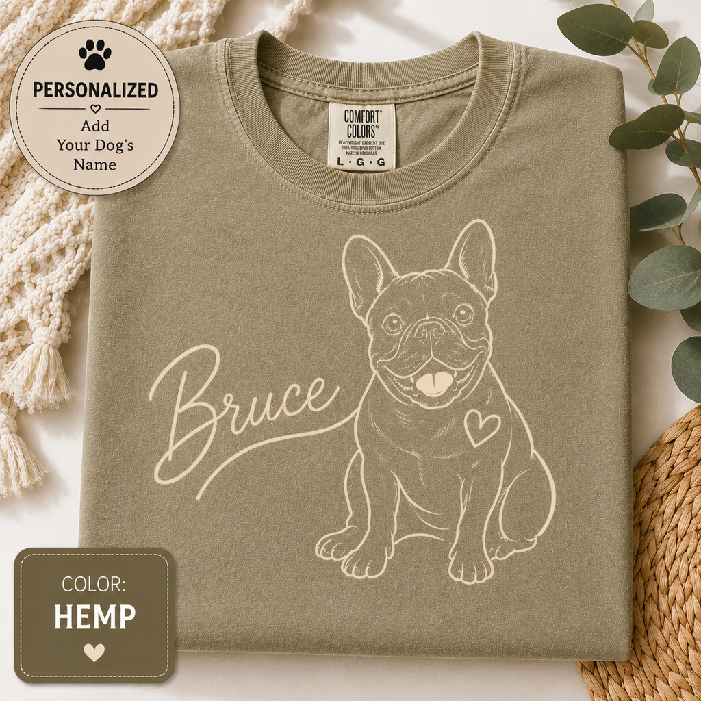 Personalized Frenchie dog mom tee in a neutral garment-dyed color
