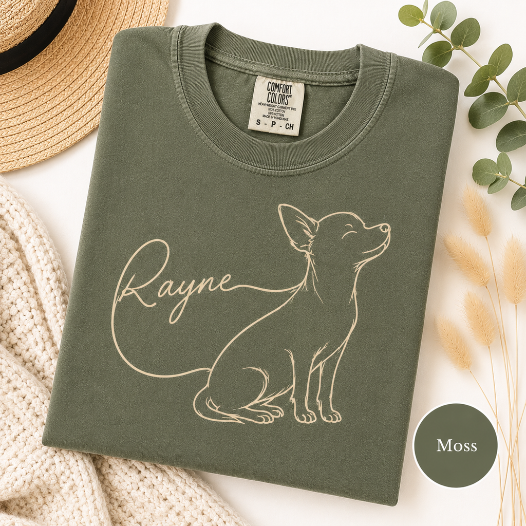 Minimalist line-art Chihuahua with the dog's name, close-up