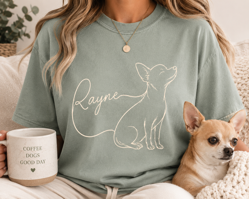 Personalized Chihuahua dog mom tee in a neutral garment-dyed color