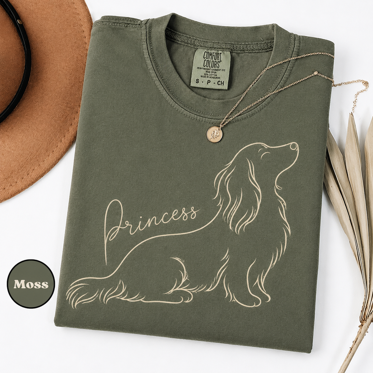 Personalized Dachshund shirt with a custom dog name in minimalist line art
