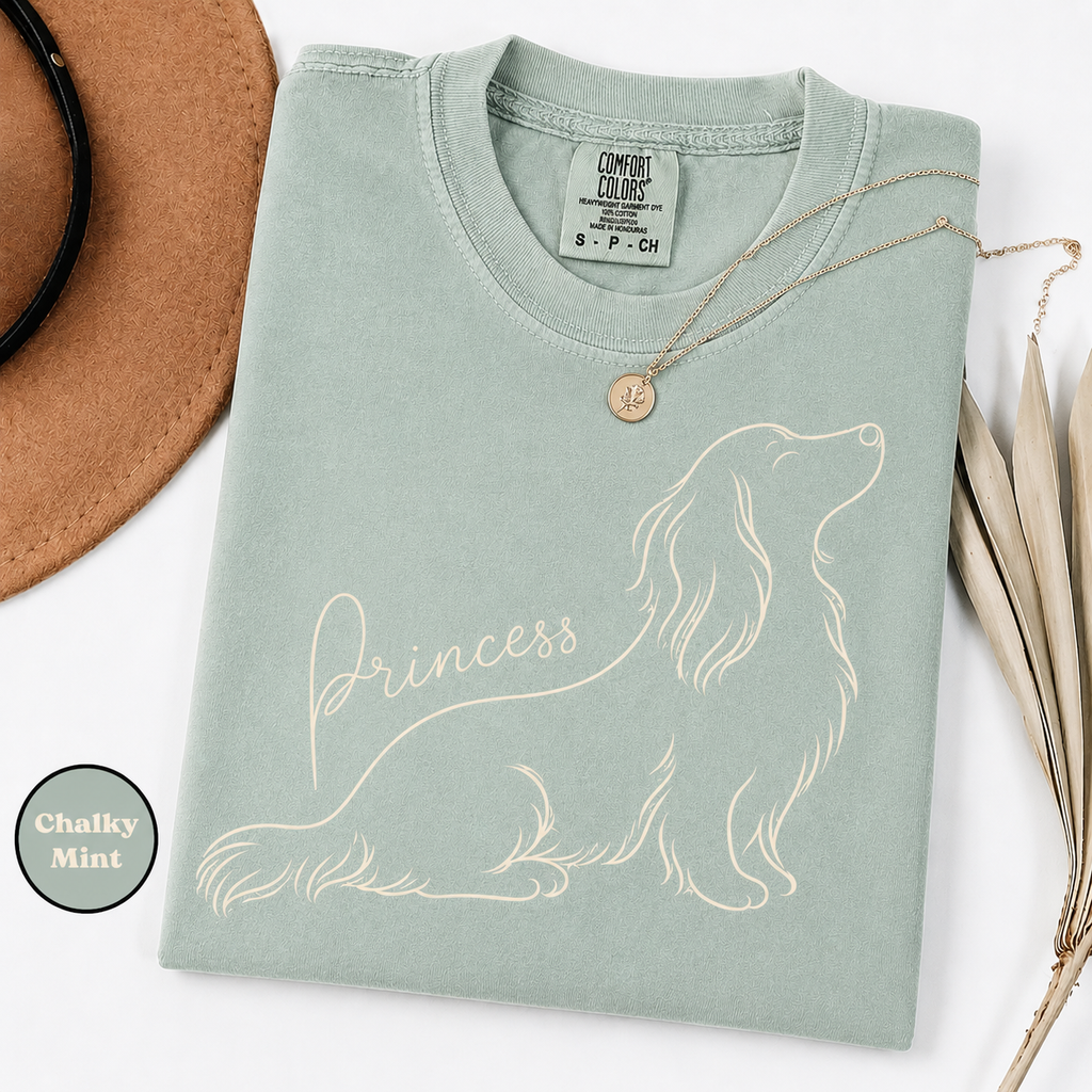 Custom Dachshund name tee on a soft Comfort Colors shirt