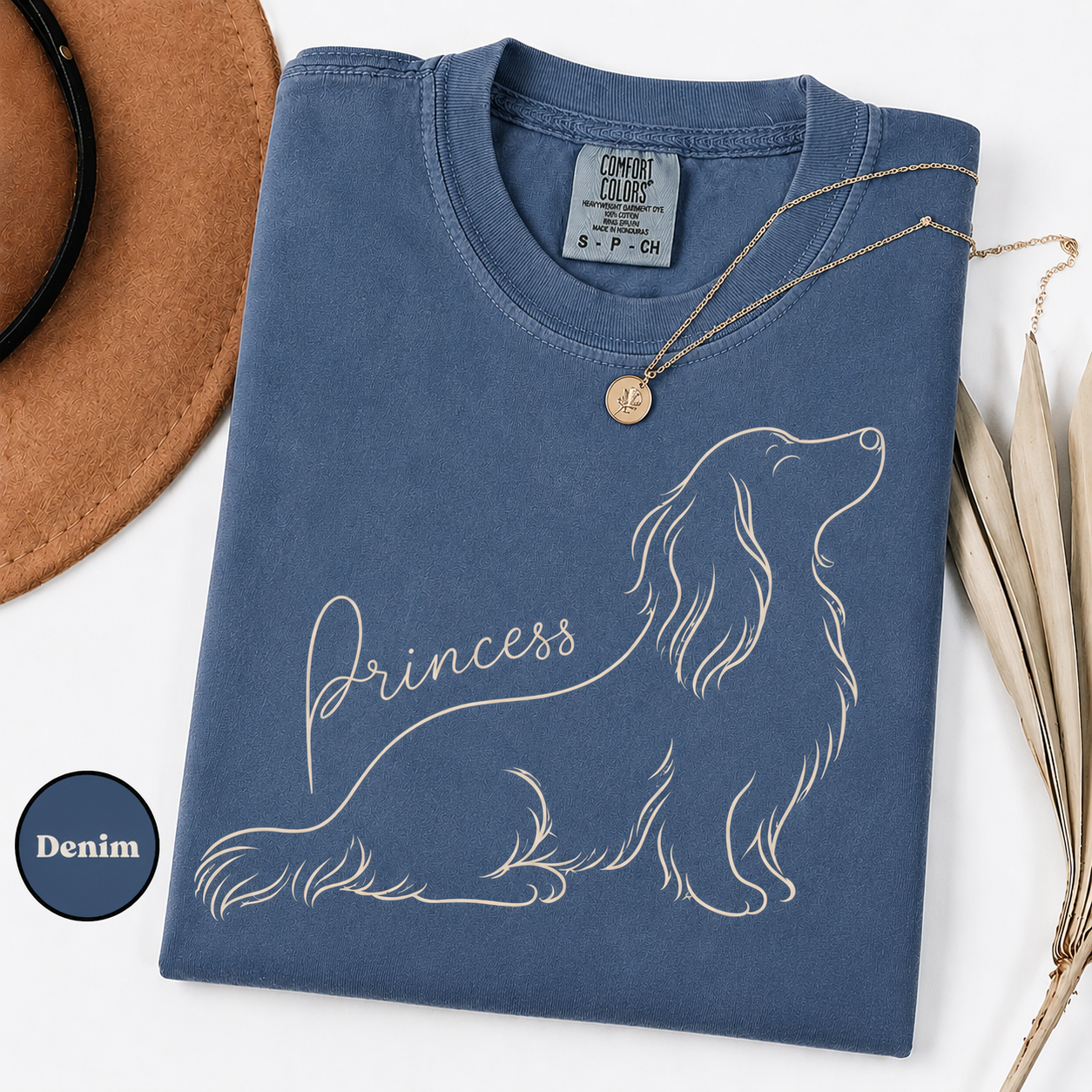 Personalized Dachshund dog mom tee in a neutral garment-dyed color