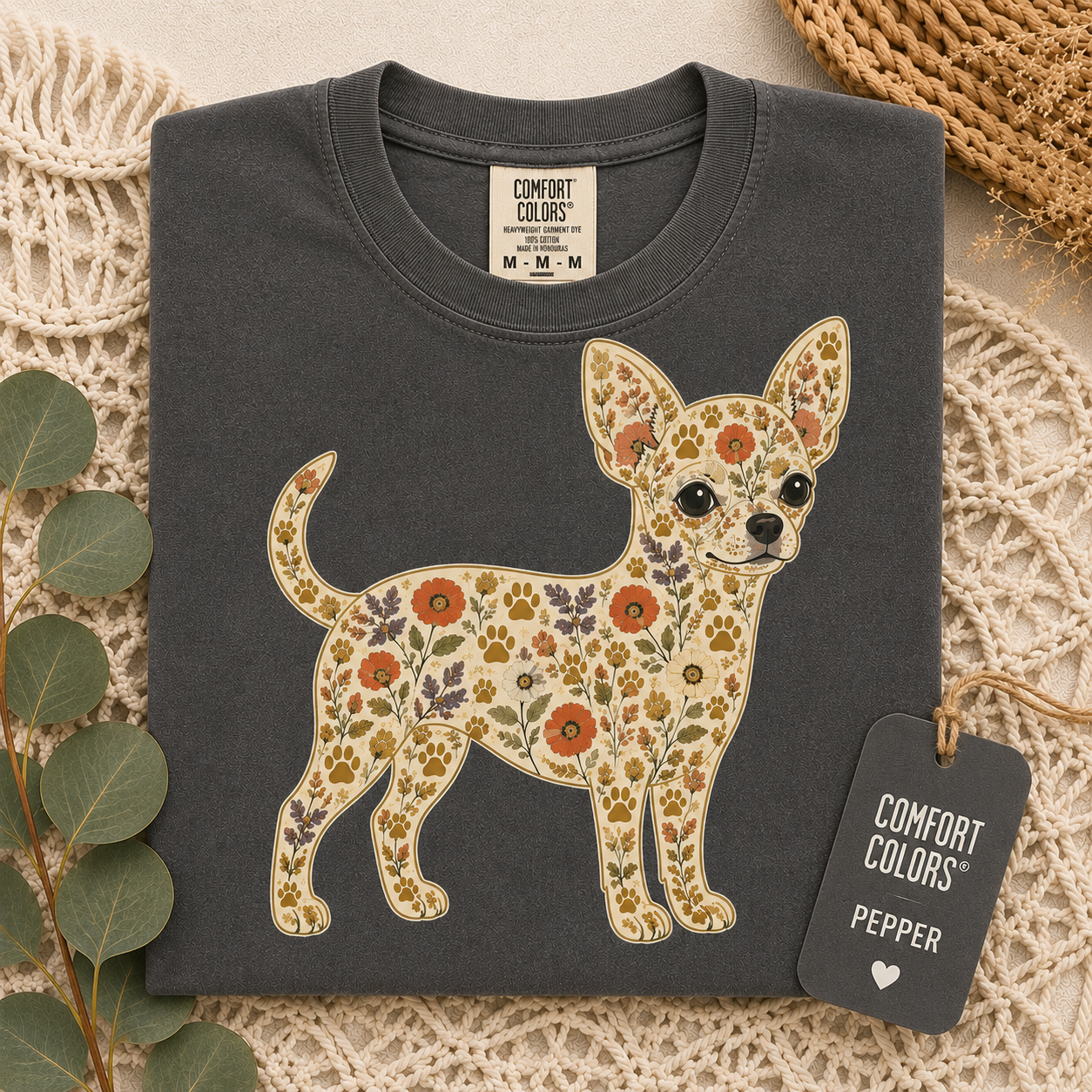 Floral Chihuahua dog mom tee shown in a soft neutral color