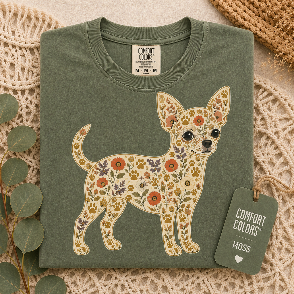 Close-up of the floral Chihuahua design on a garment-dyed tee