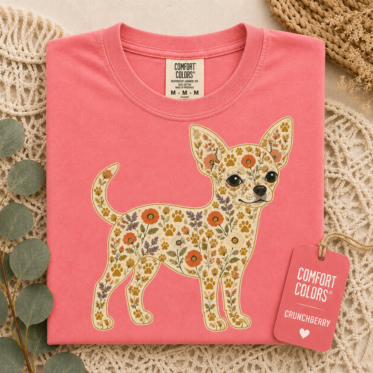 Floral Chihuahua Comfort Colors shirt in a relaxed unisex fit