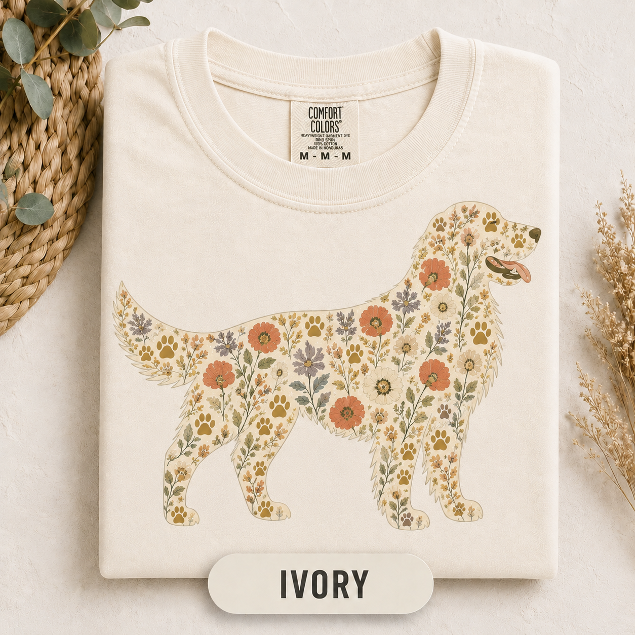 Floral Golden Retriever design on a soft Comfort Colors t-shirt