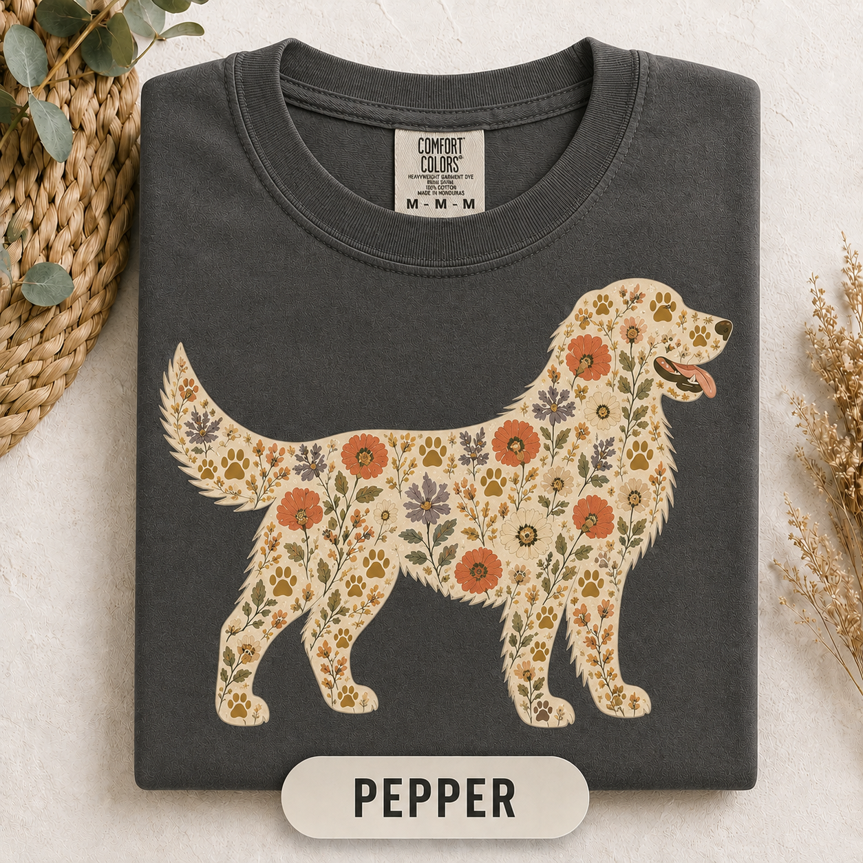 Vintage floral Golden Retriever dog mom tee in a neutral shade