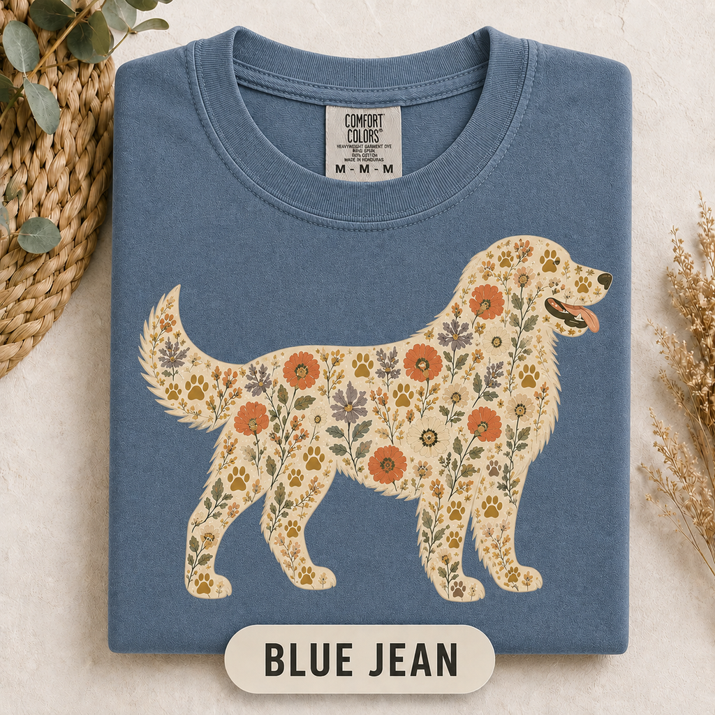 Close-up of the floral Golden Retriever graphic on a garment-dyed tee
