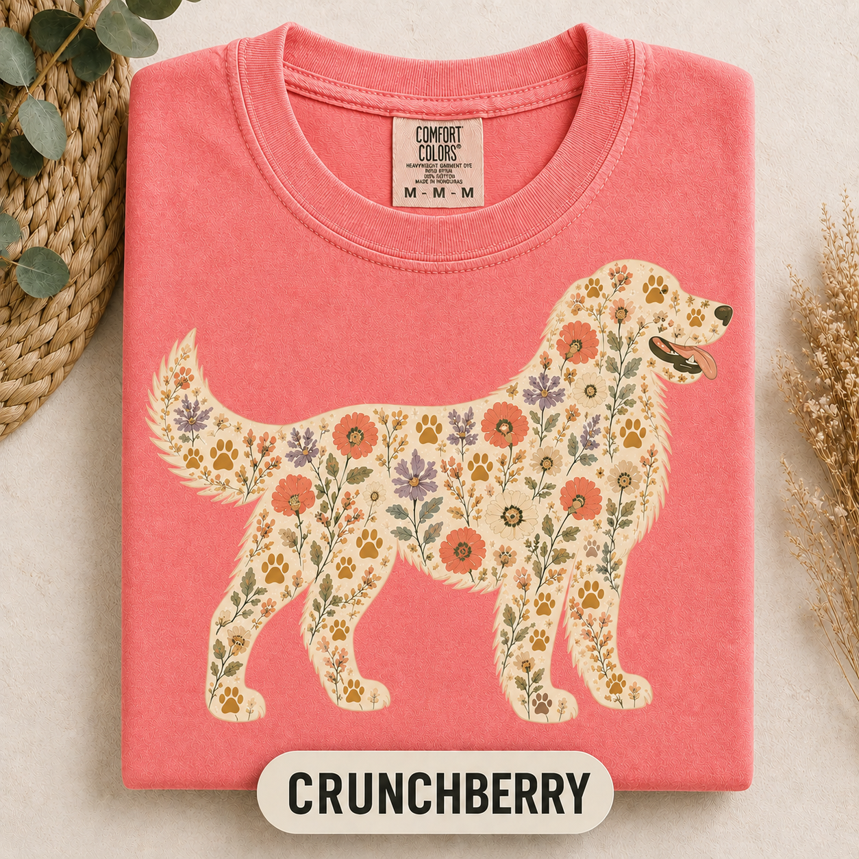 Floral Golden Retriever Comfort Colors shirt, relaxed unisex fit