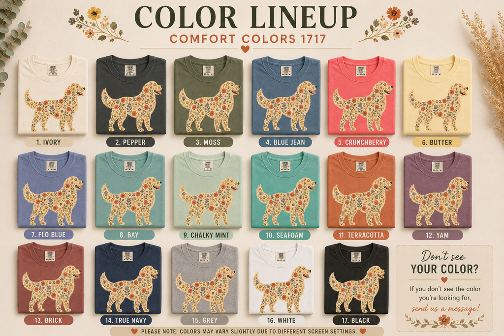 Floral Golden Retriever tee in a soft garment-dyed color