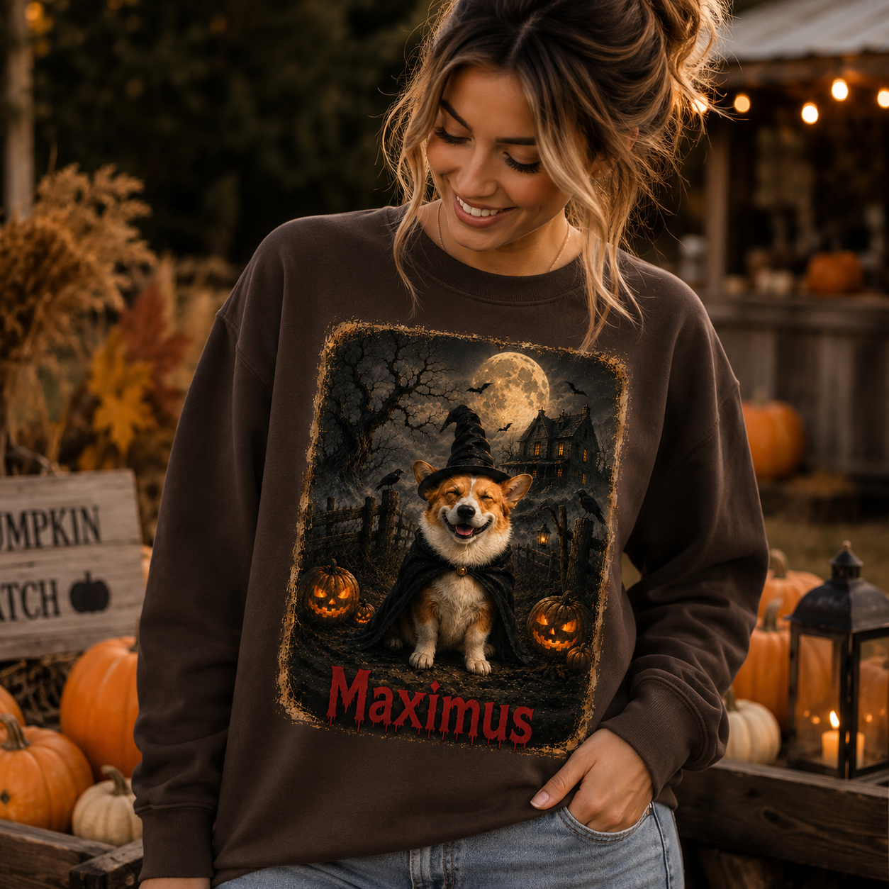 Personalized Halloween dog witch sweatshirt with pet's name, haunted farmhouse and glowing pumpkins design